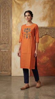 Embroidered Yoke Straight Long Kurti -Orange