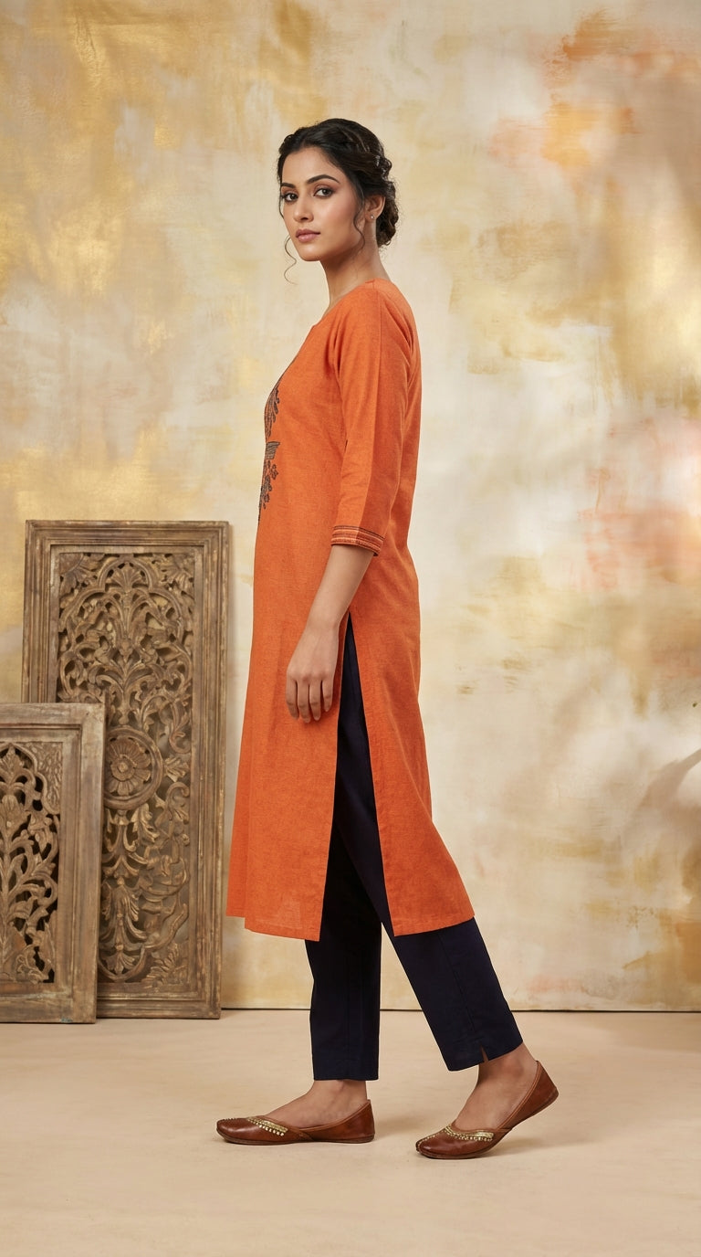 Embroidered Yoke Straight Long Kurti -Orange