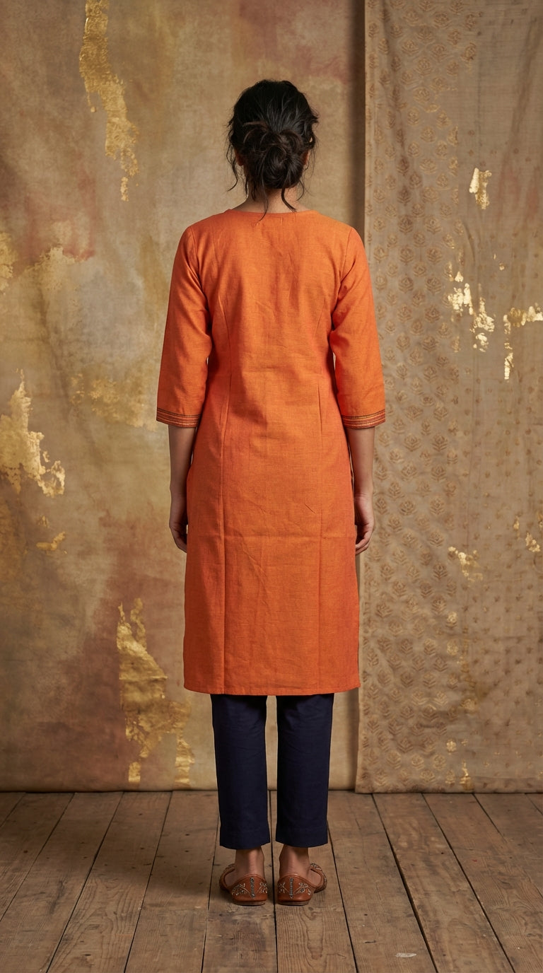 Embroidered Yoke Straight Long Kurti -Orange