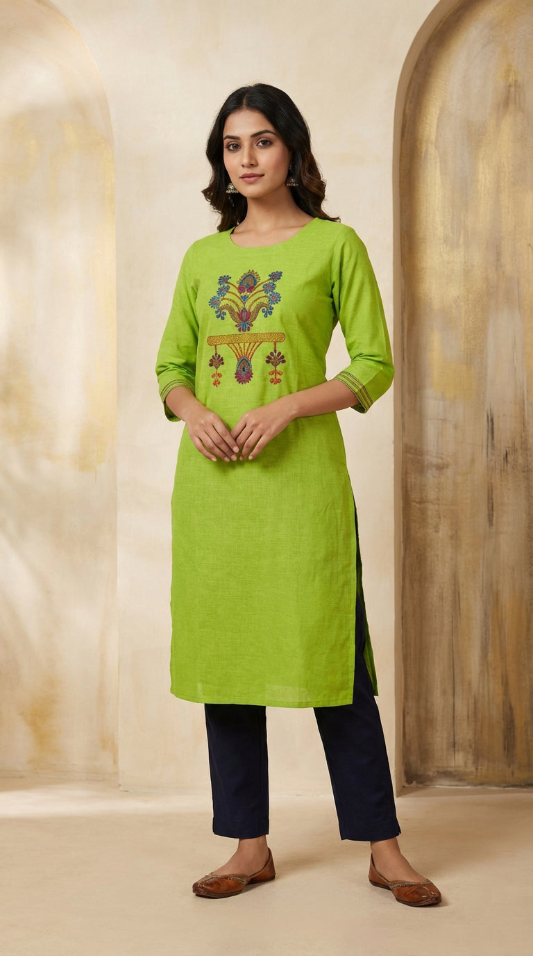 Ethnic Charm Parror green Embroidered Long Kurti