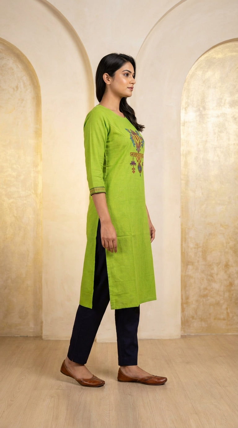 Ethnic Charm Parror green Embroidered Long Kurti