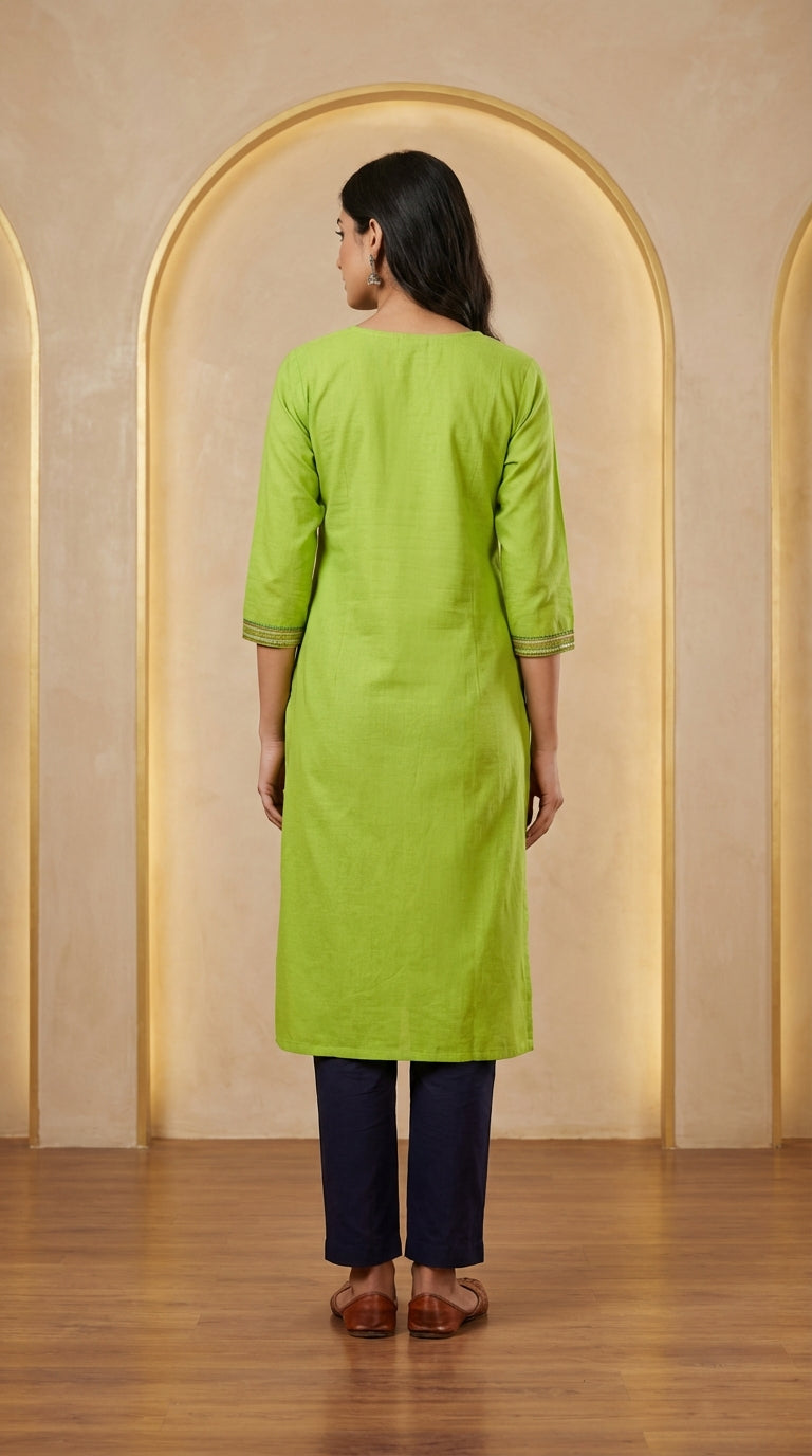 Ethnic Charm Parror green Embroidered Long Kurti