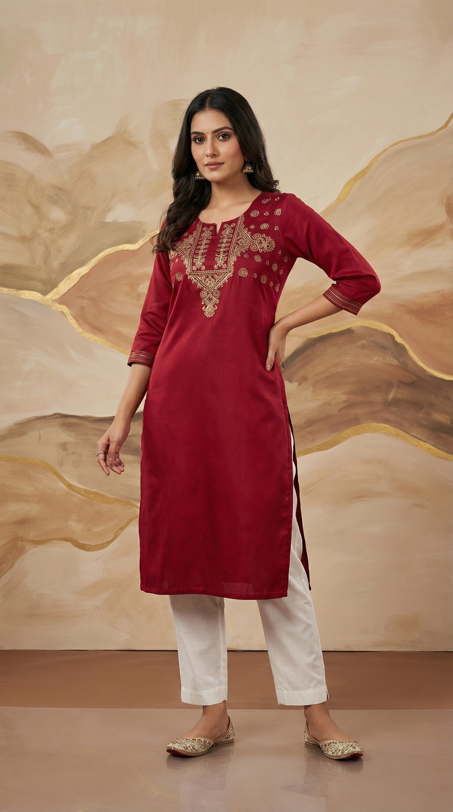 Designer Maroon Embroidered Gaji Silk Kurti for Women