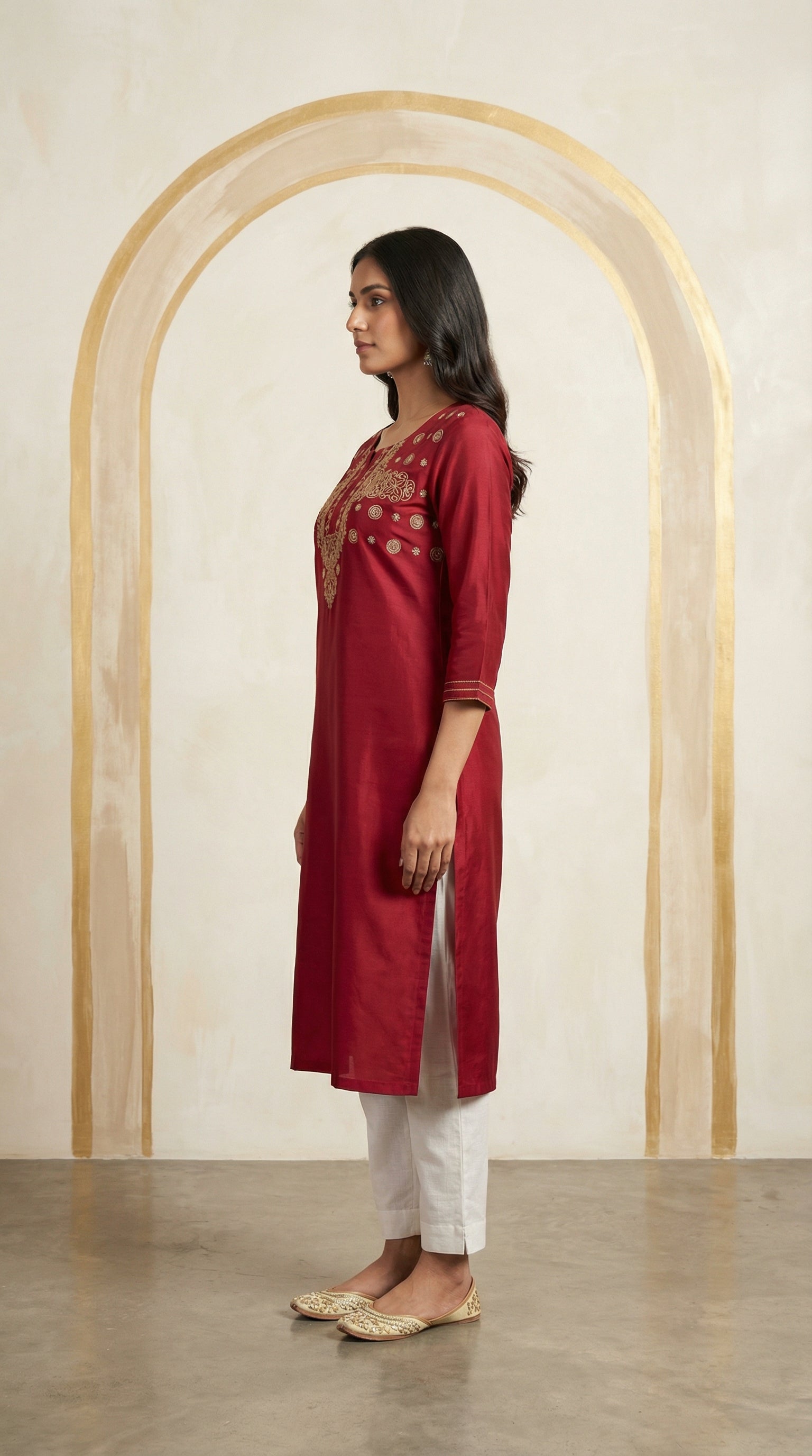 Designer Maroon Embroidered Gaji Silk Kurti for Women