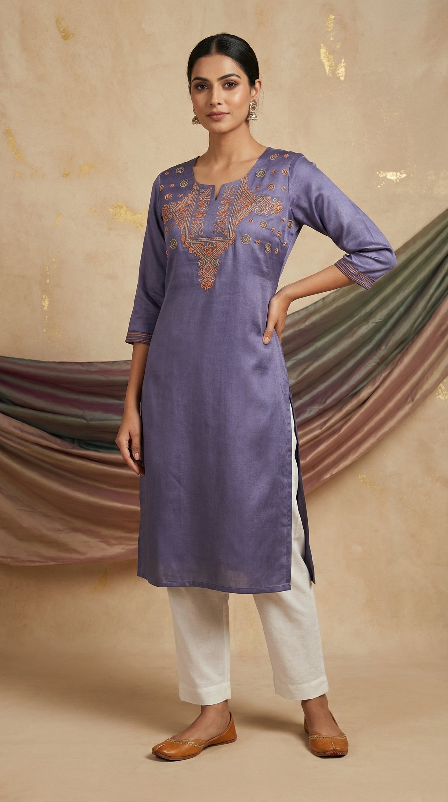 Traditional  Gaji Silk Long Kurti with Thread Work