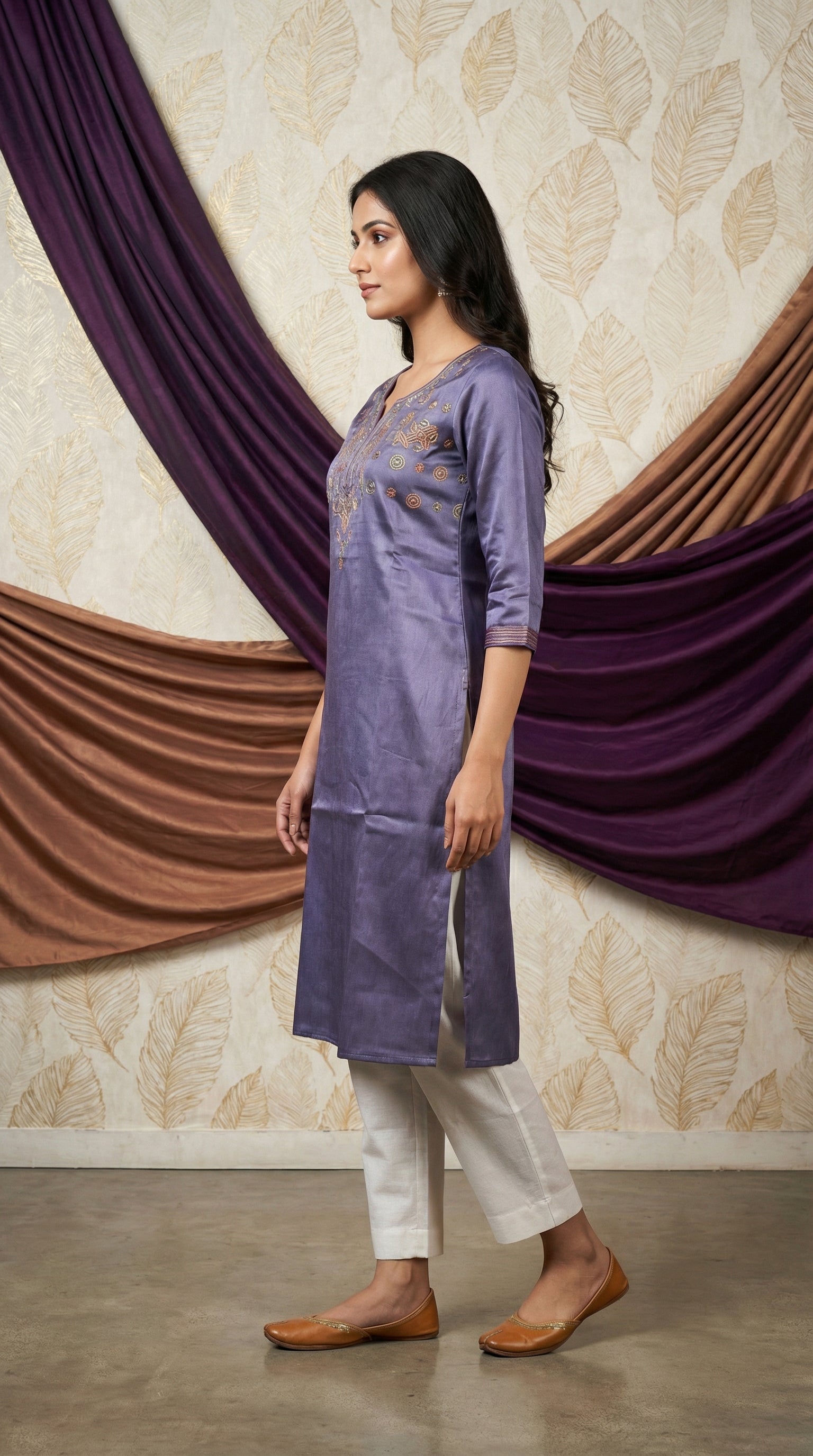 Traditional  Gaji Silk Long Kurti with Thread Work