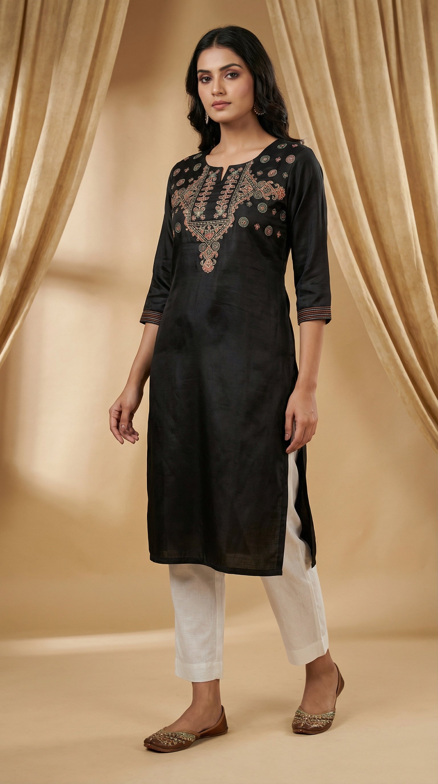 Royal Black Gaji Silk Straight Long Kurti