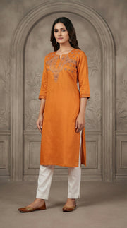 Premium Orange Gaji Silk Long Kurti with Thread Work
