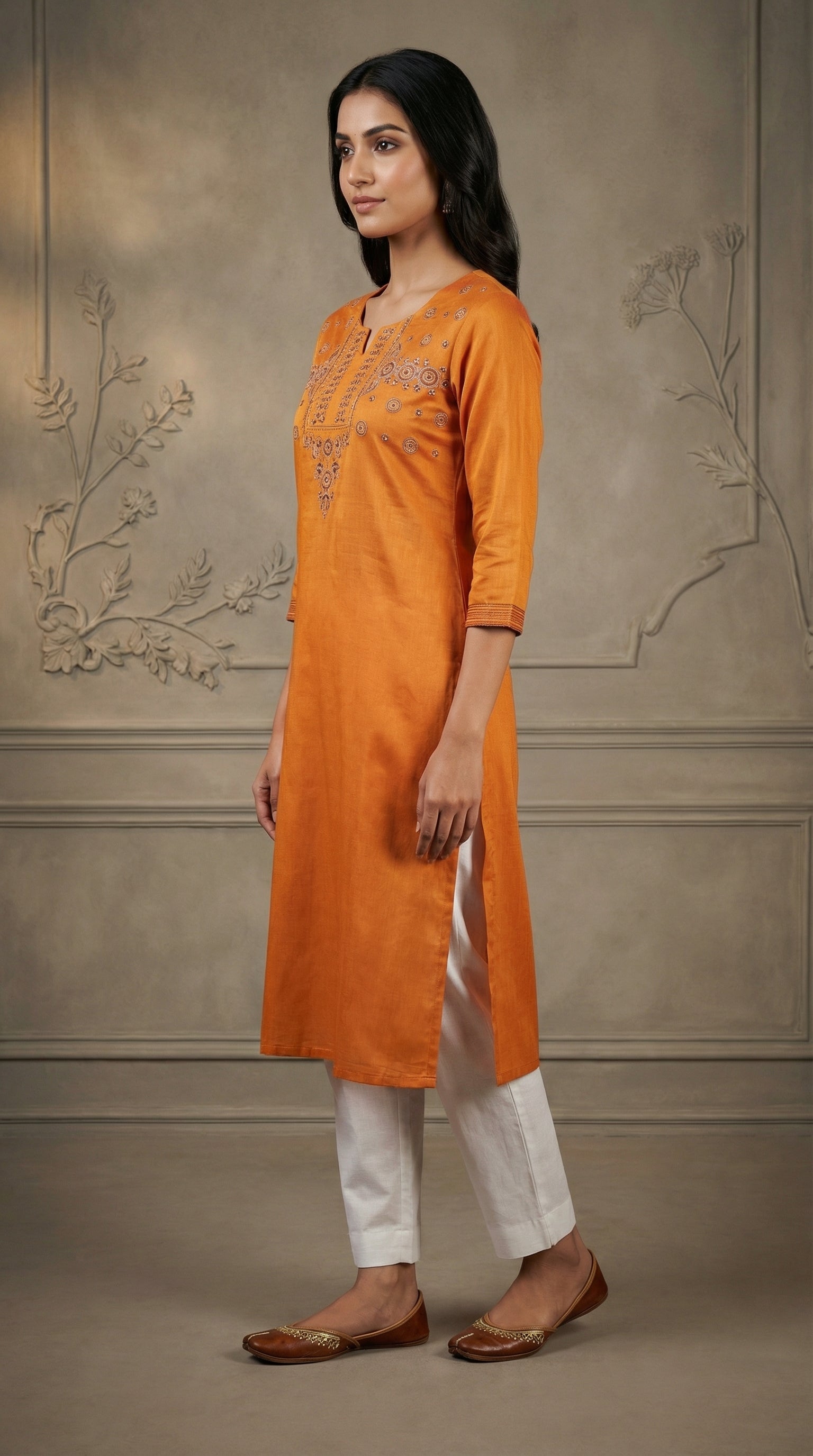 Premium Orange Gaji Silk Long Kurti with Thread Work