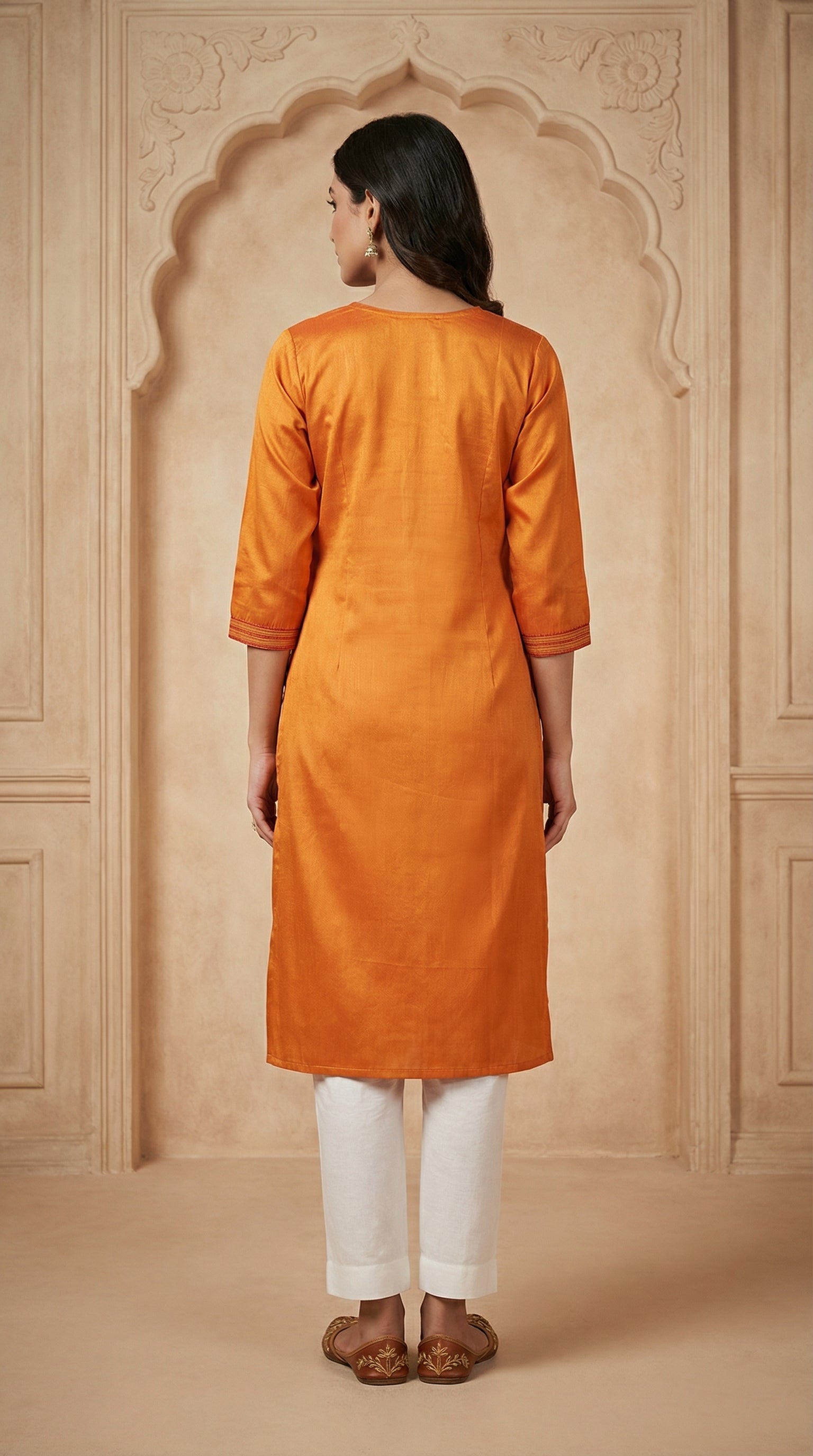 Premium Orange Gaji Silk Long Kurti with Thread Work