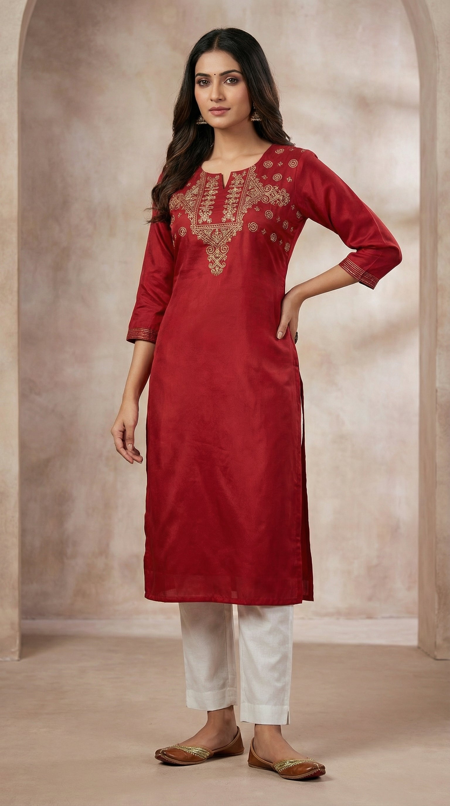 Elegant Red Embroidered Straight Long Kurti
