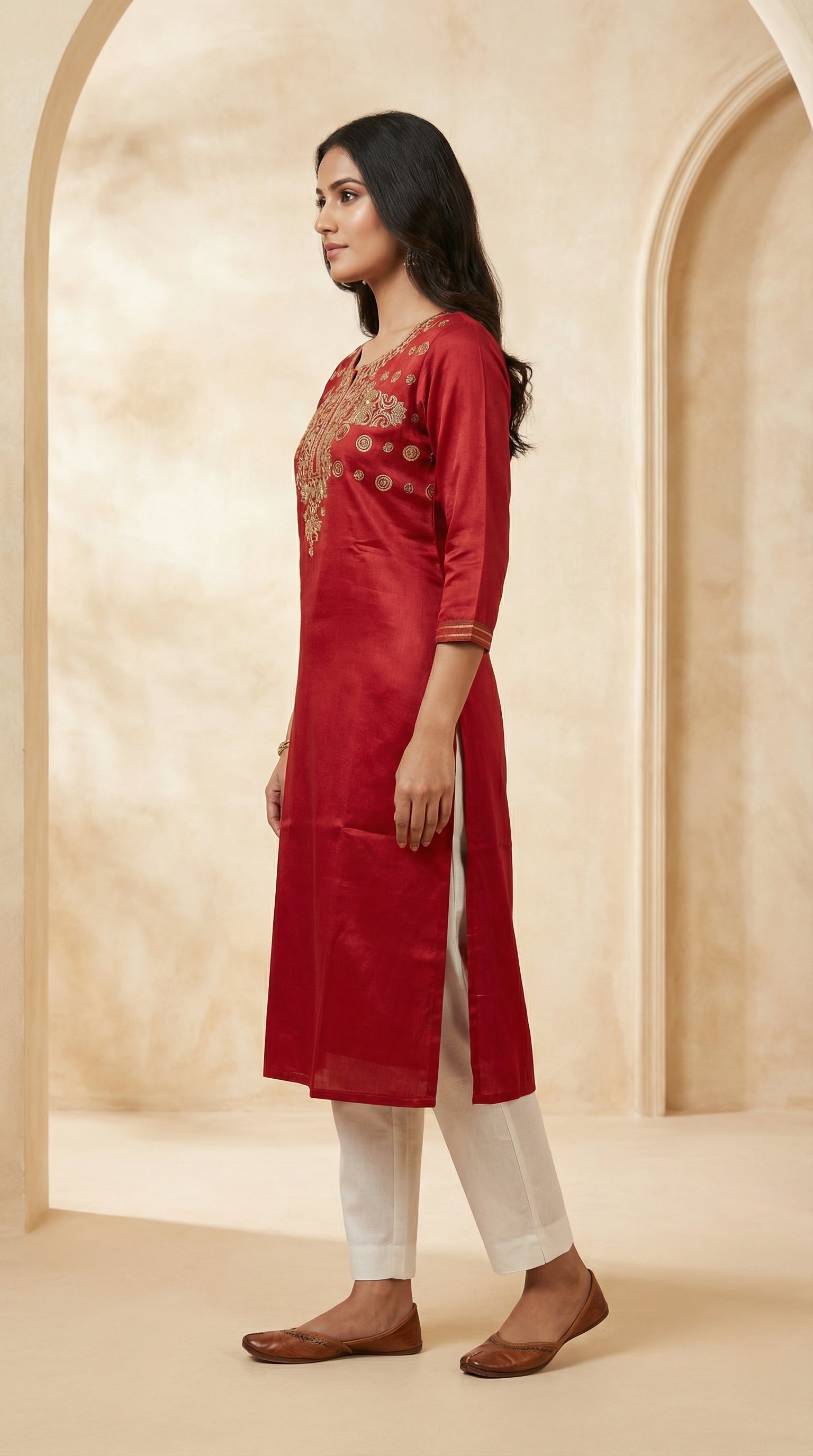 Elegant Red Embroidered Straight Long Kurti