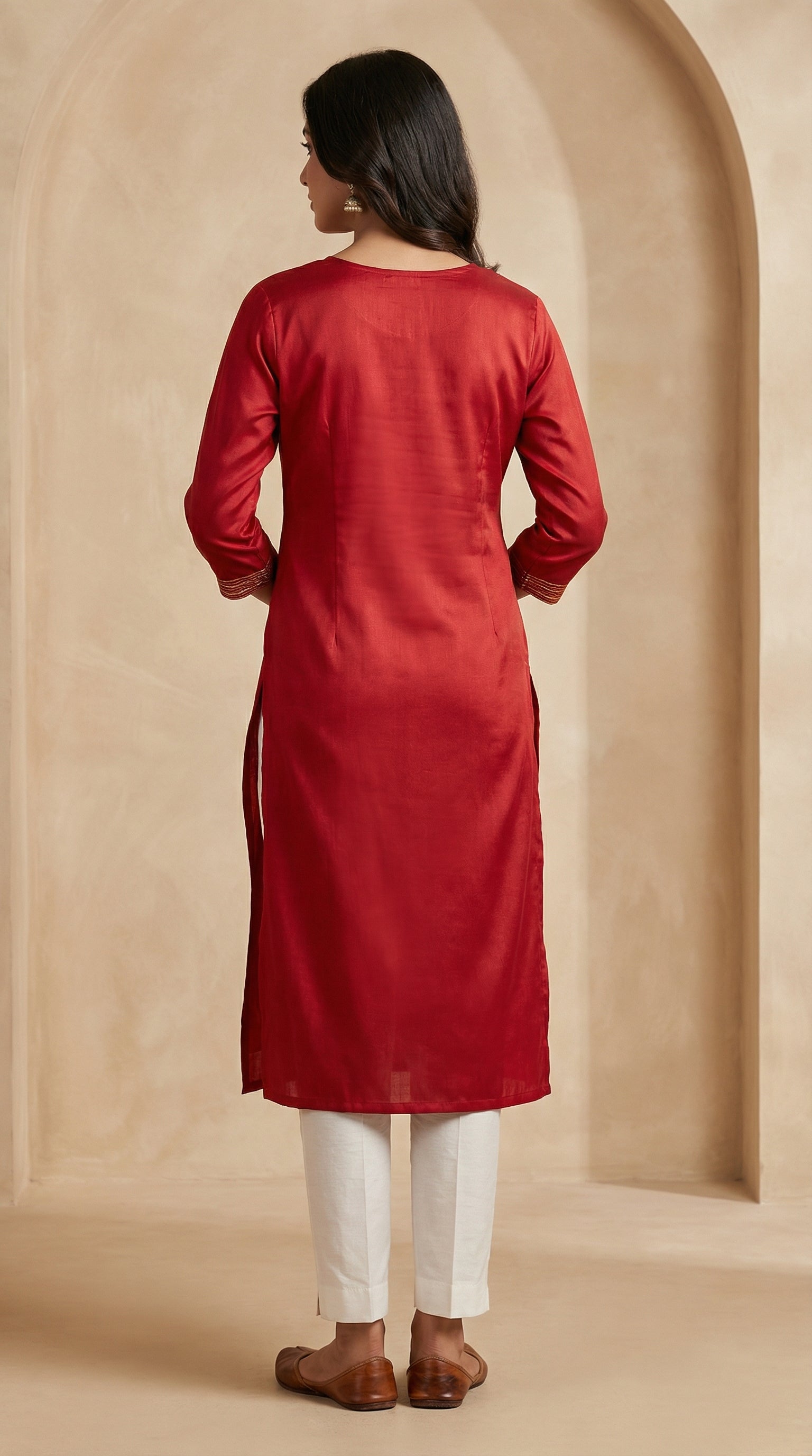 Elegant Red Embroidered Straight Long Kurti