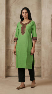 Stylish Green Kurti with Intricate Neck & Sleeve Embroidery