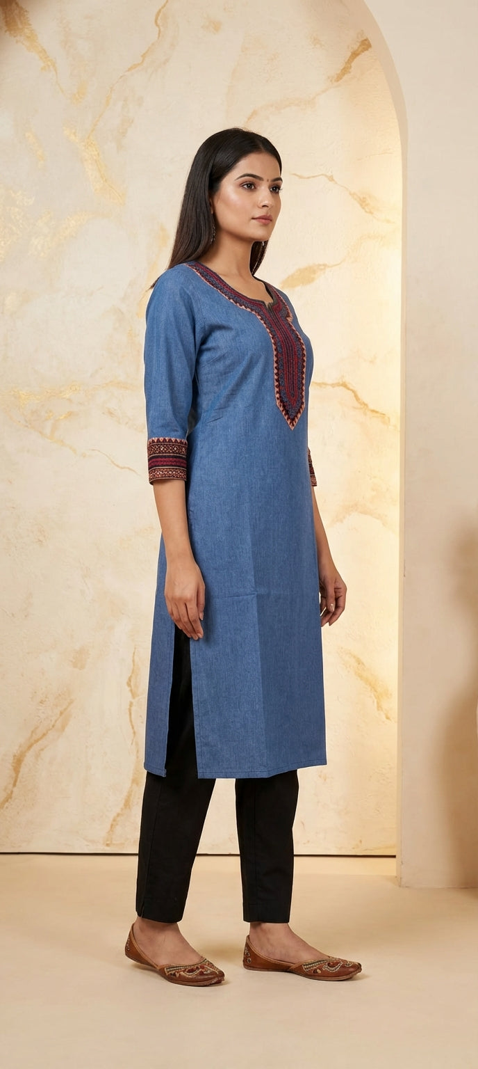 Elegant Embroidered Straight Kurti with Ethnic Neck Work