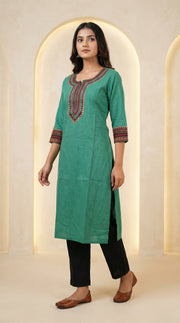 Elegant Sea Green Embroidered Straight Kurti with Ethnic Neck Work