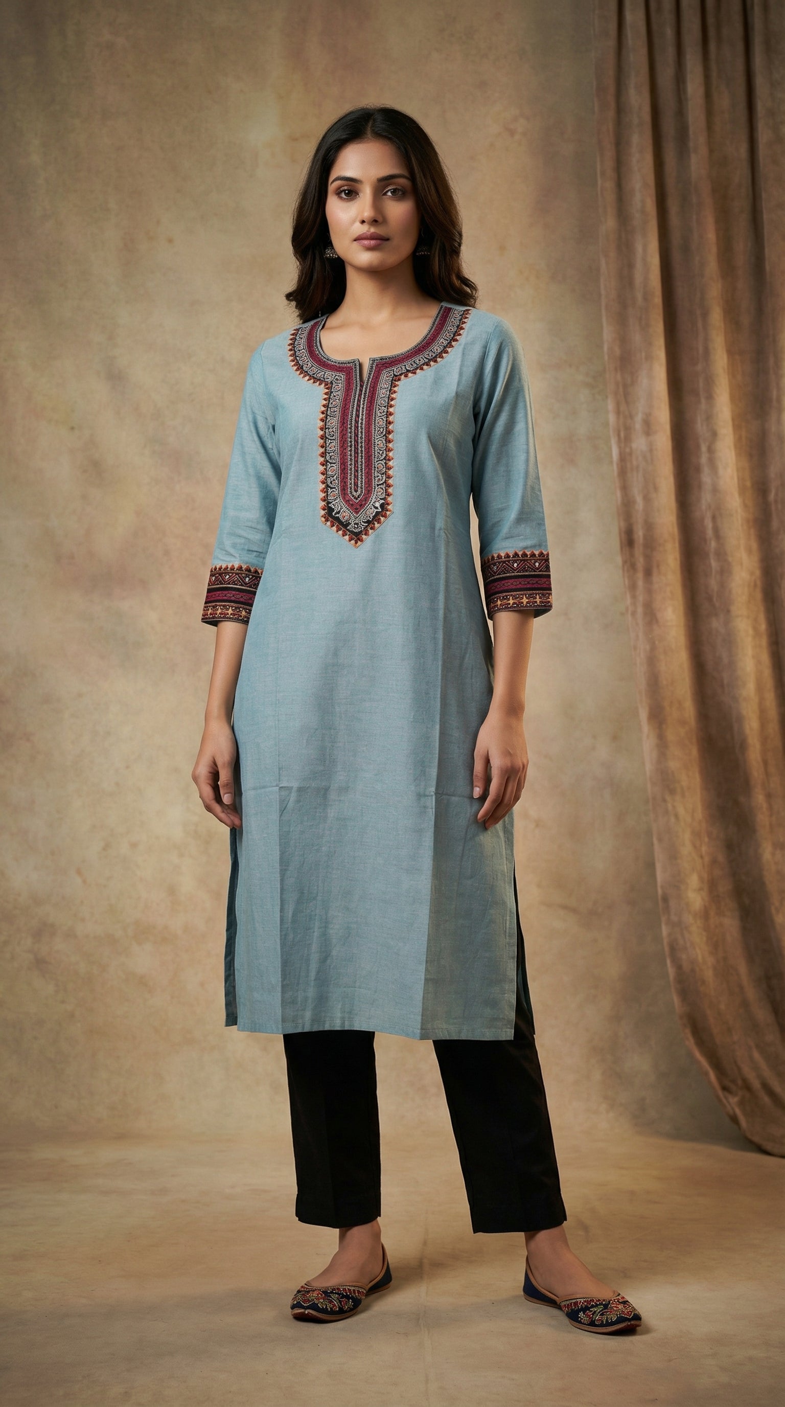 Graceful Blue Kurti with Traditional Neck Embroidery