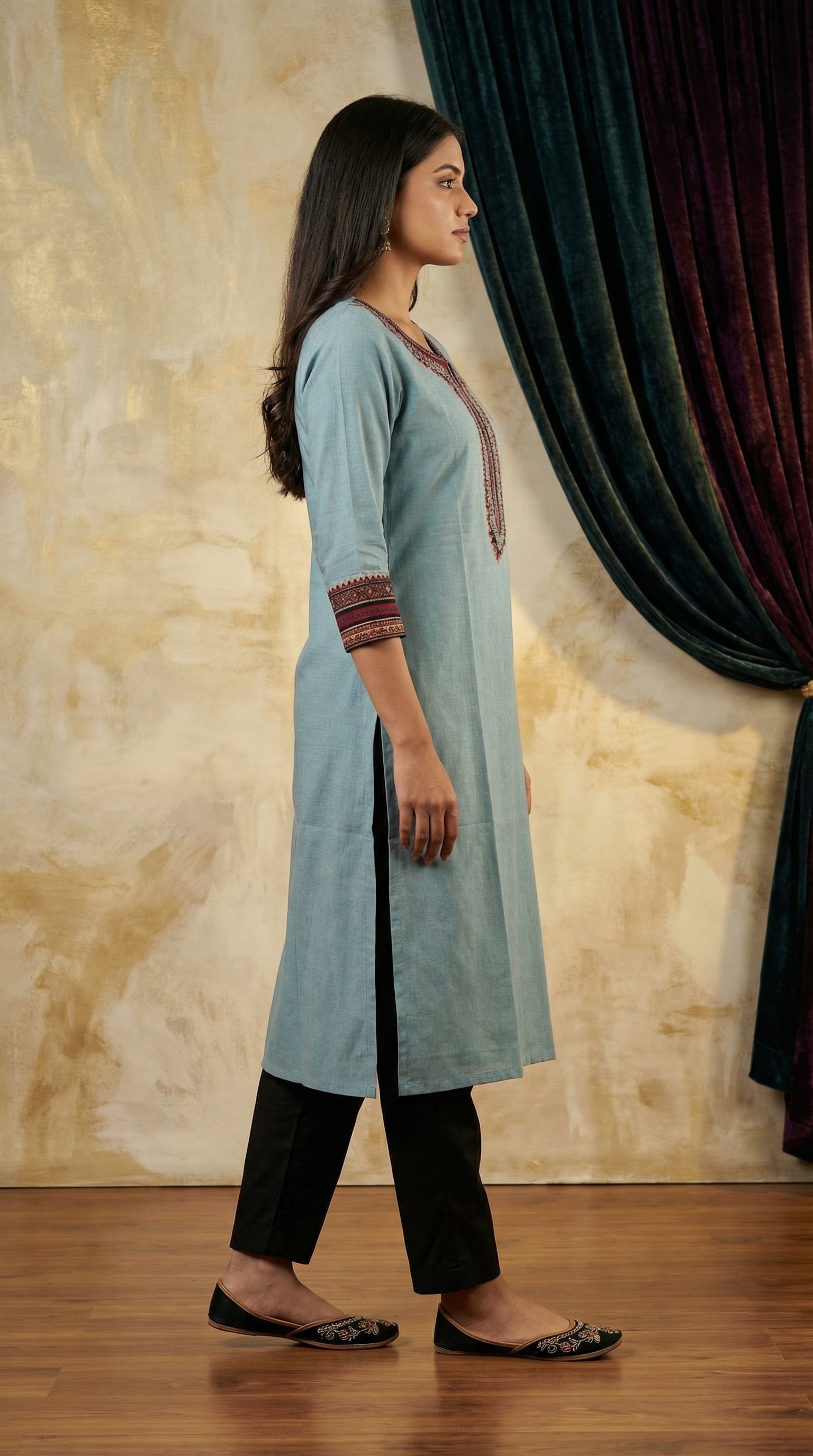 Graceful Blue Kurti with Traditional Neck Embroidery