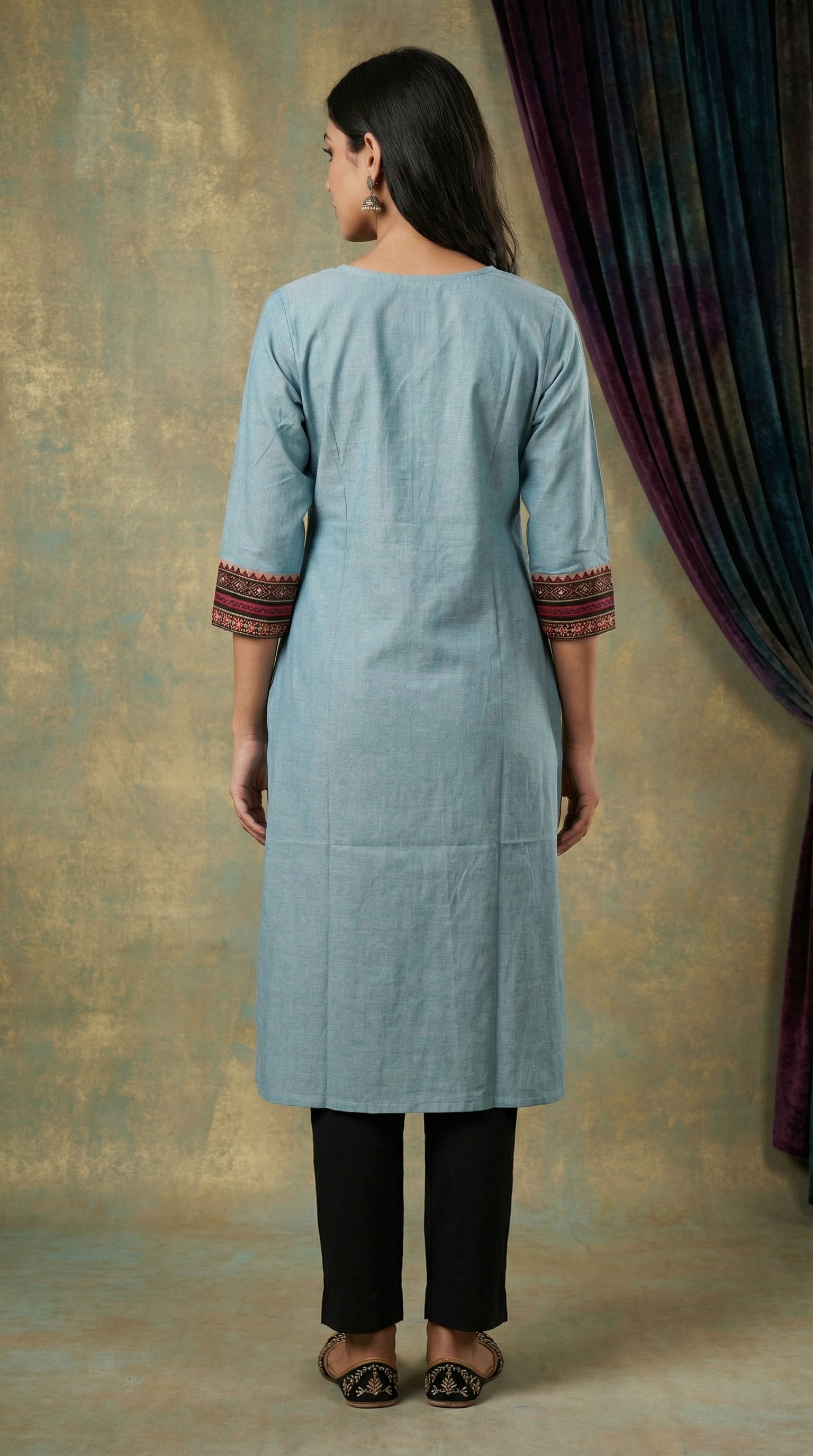Graceful Blue Kurti with Traditional Neck Embroidery