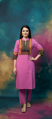 Ethnic Neck Printed Baby  Pink Kurti Pant Set for Women