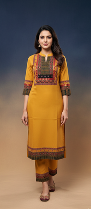 Cotton Kurti Pant Set with Mirror Embroidery Work - YELLOW