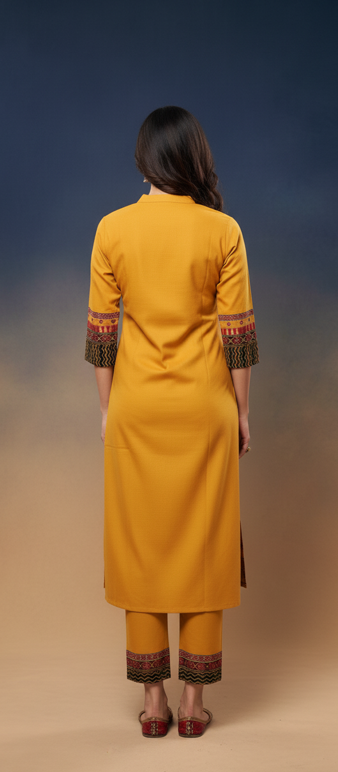 Cotton Kurti Pant Set with Mirror Embroidery Work - YELLOW