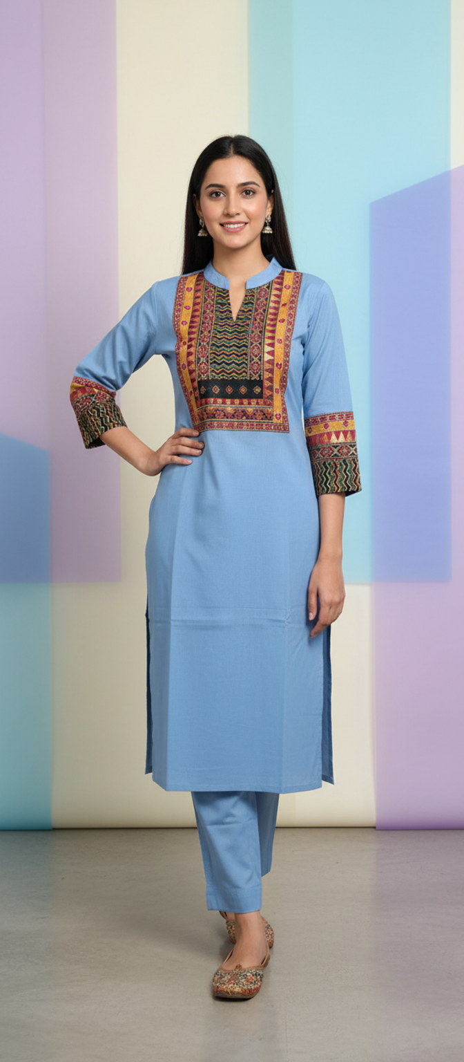 Sky Blue Cotton Kurti Pant Set with Mirror Embroidery Work