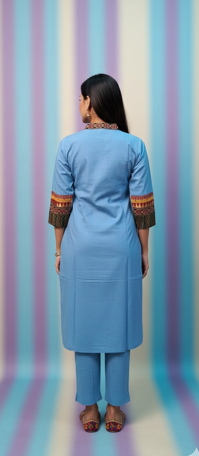 Sky Blue Cotton Kurti Pant Set with Mirror Embroidery Work