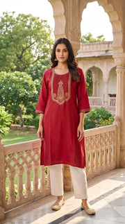 Paneri Embroidery Royal Crimson Straight Sillk Kurti
