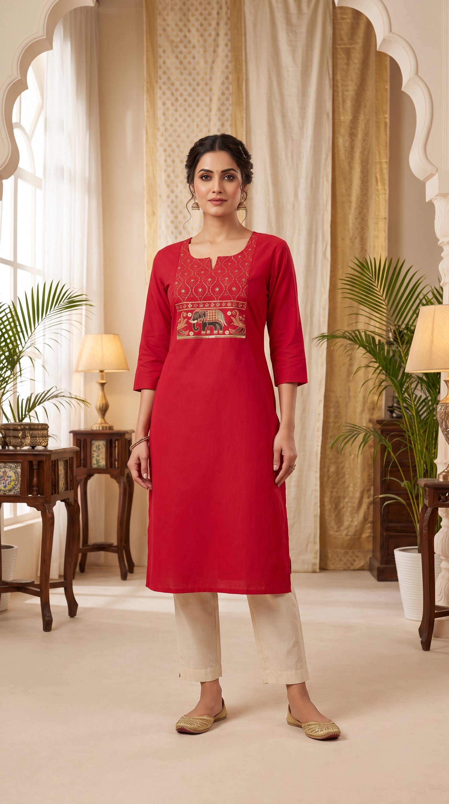Paneri Women's Red Embroidered Cotton Kurti