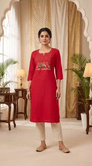Paneri Women's Red Embroidered Cotton Kurti