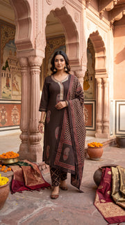 Paneri Embroidery Dark Brown Heritage Printed Kurta Set with Dupatta