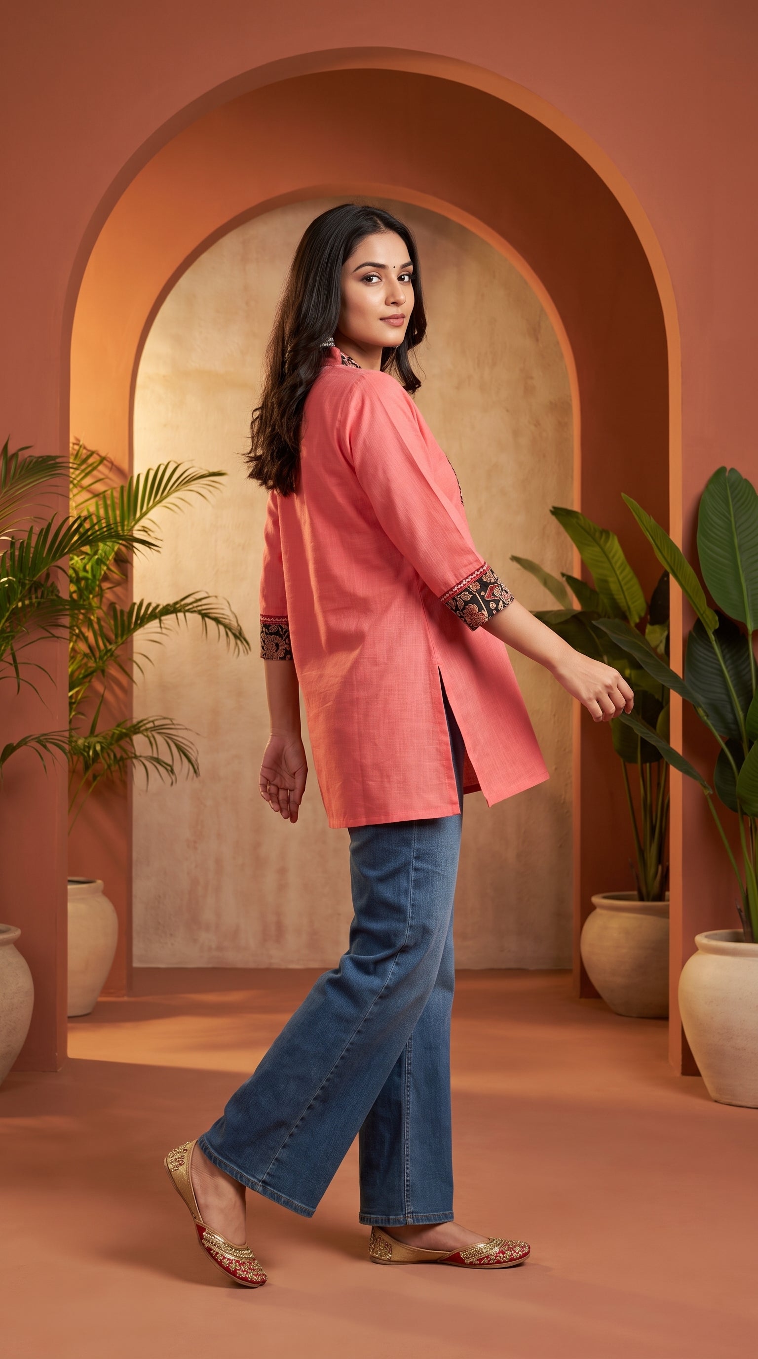 Paneri Embroidery Ajrakh Print Yoke Short Kurti