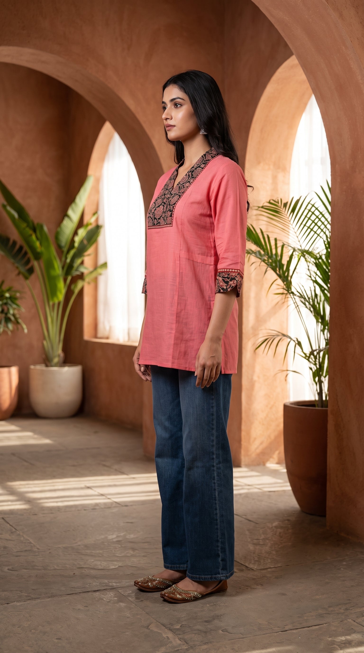 Paneri Embroidery Ajrakh Print Yoke Short Kurti