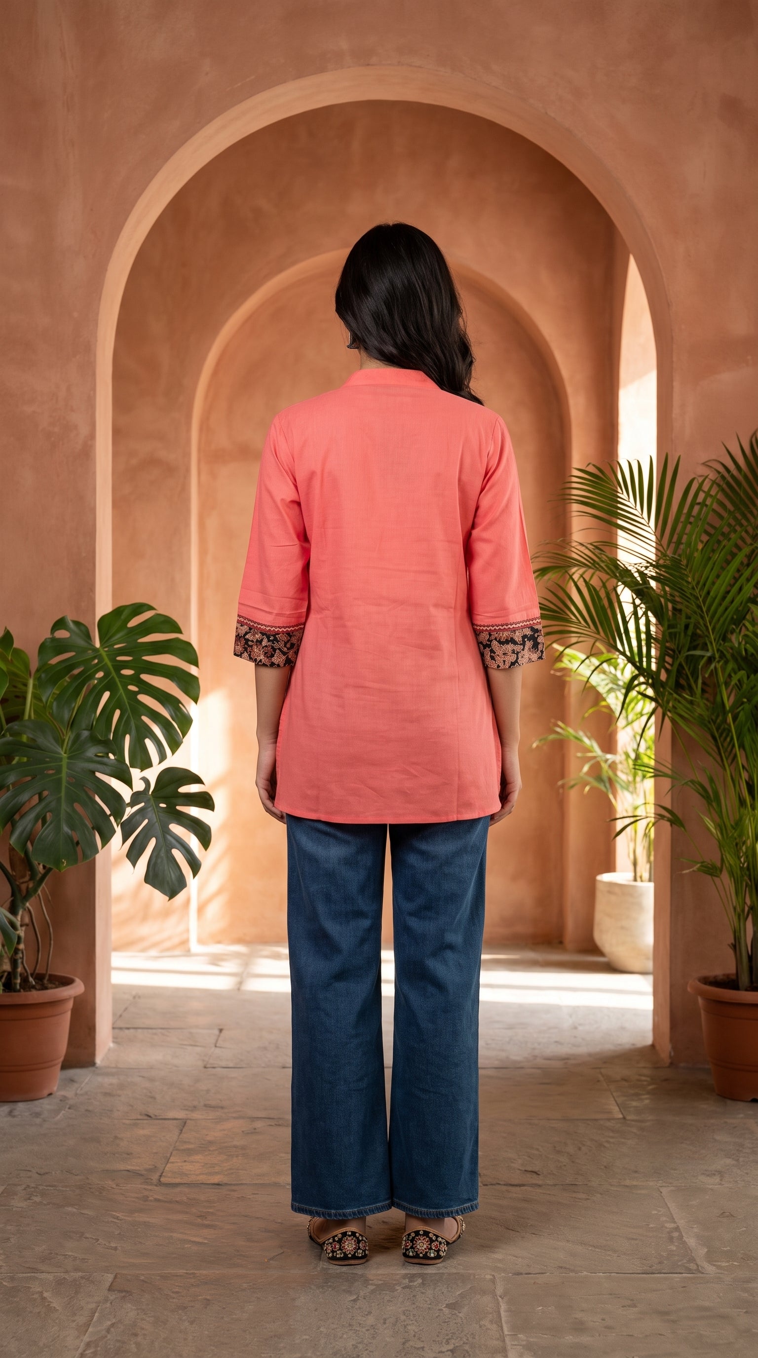 Paneri Embroidery Ajrakh Print Yoke Short Kurti