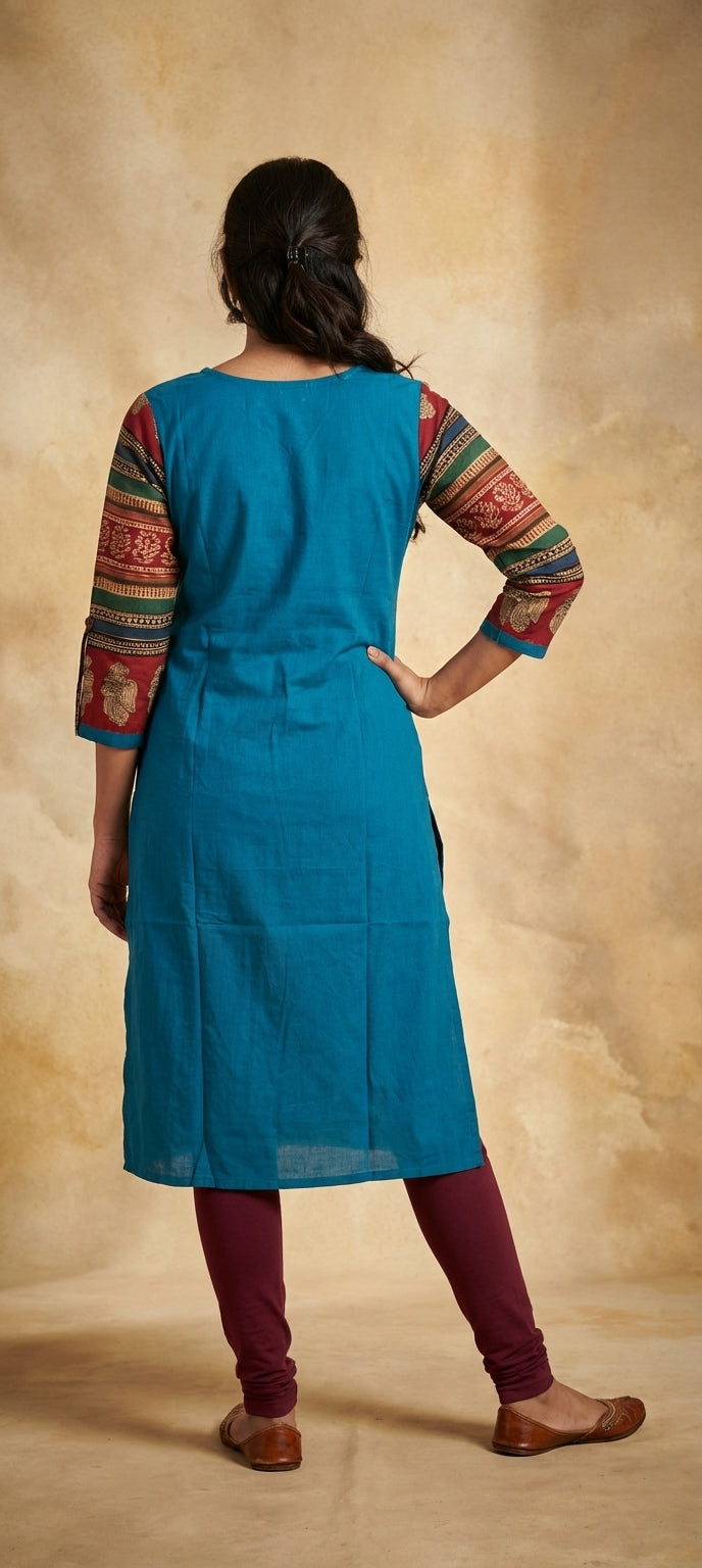 Traditional Mirror Work Embroidery Straight Long Kurti-  BLUE