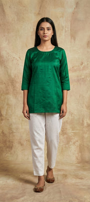 Premium Plain Gaji Silk Short Kurti - GREEN