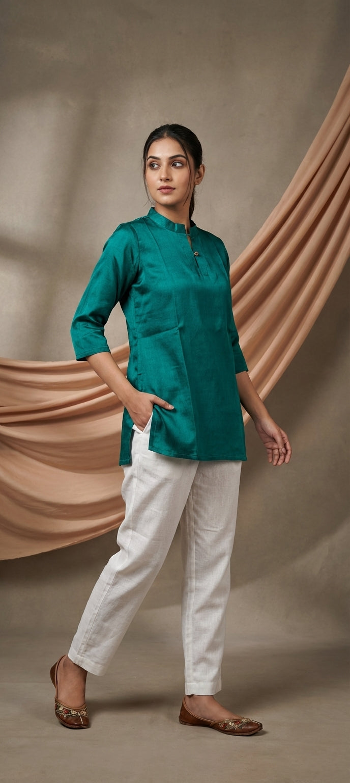 Premium Plain Gaji Silk Short Kurti - GREEN