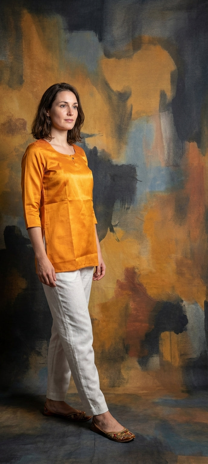 Premium Plain Gaji Silk Short Kurti - Orange