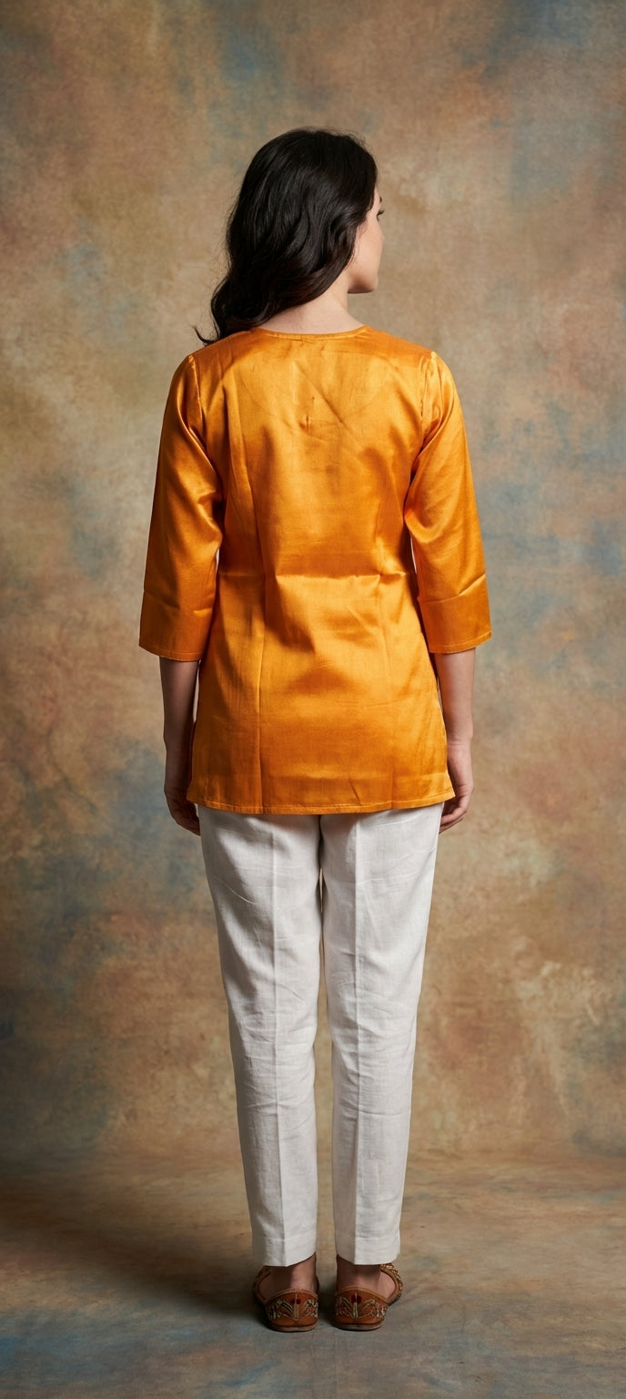 Premium Plain Gaji Silk Short Kurti - Orange