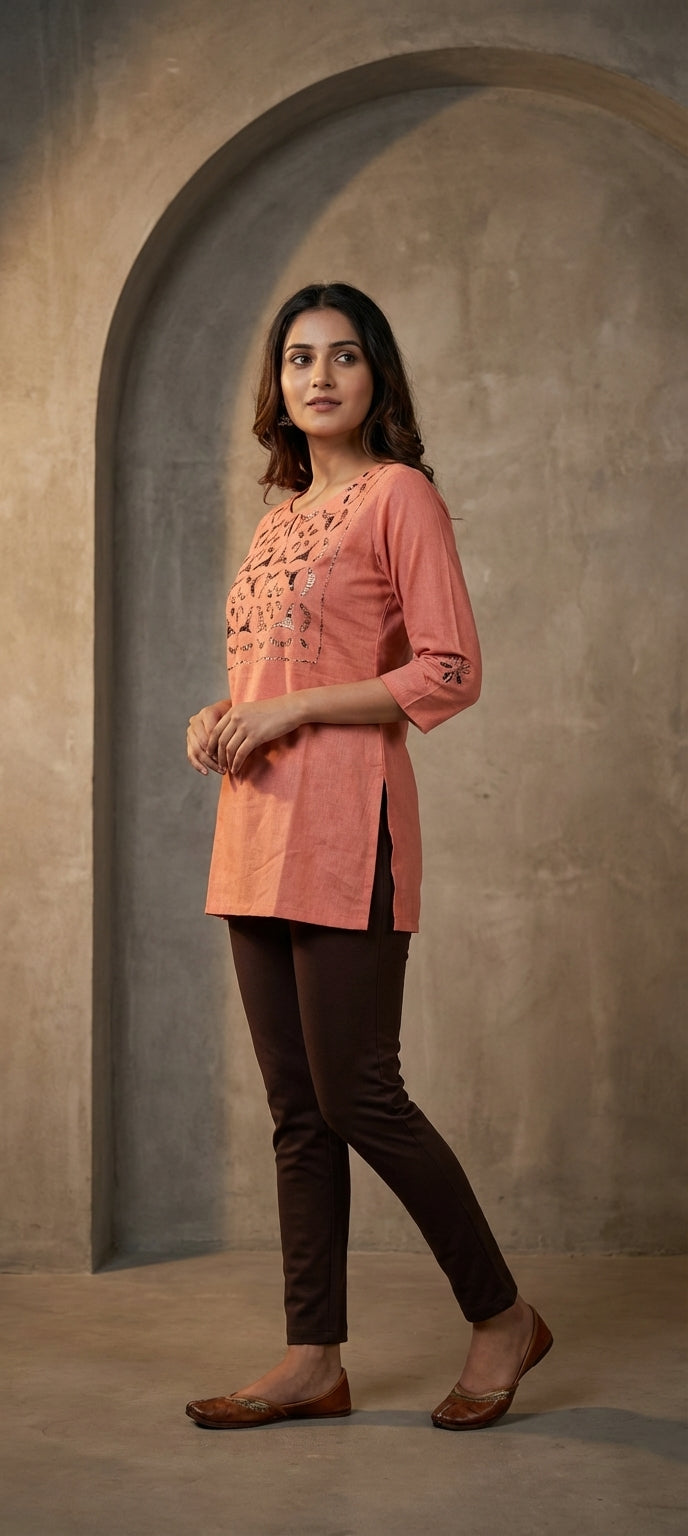 Peach Thread Work Short Kurti -LIGHT PEACH