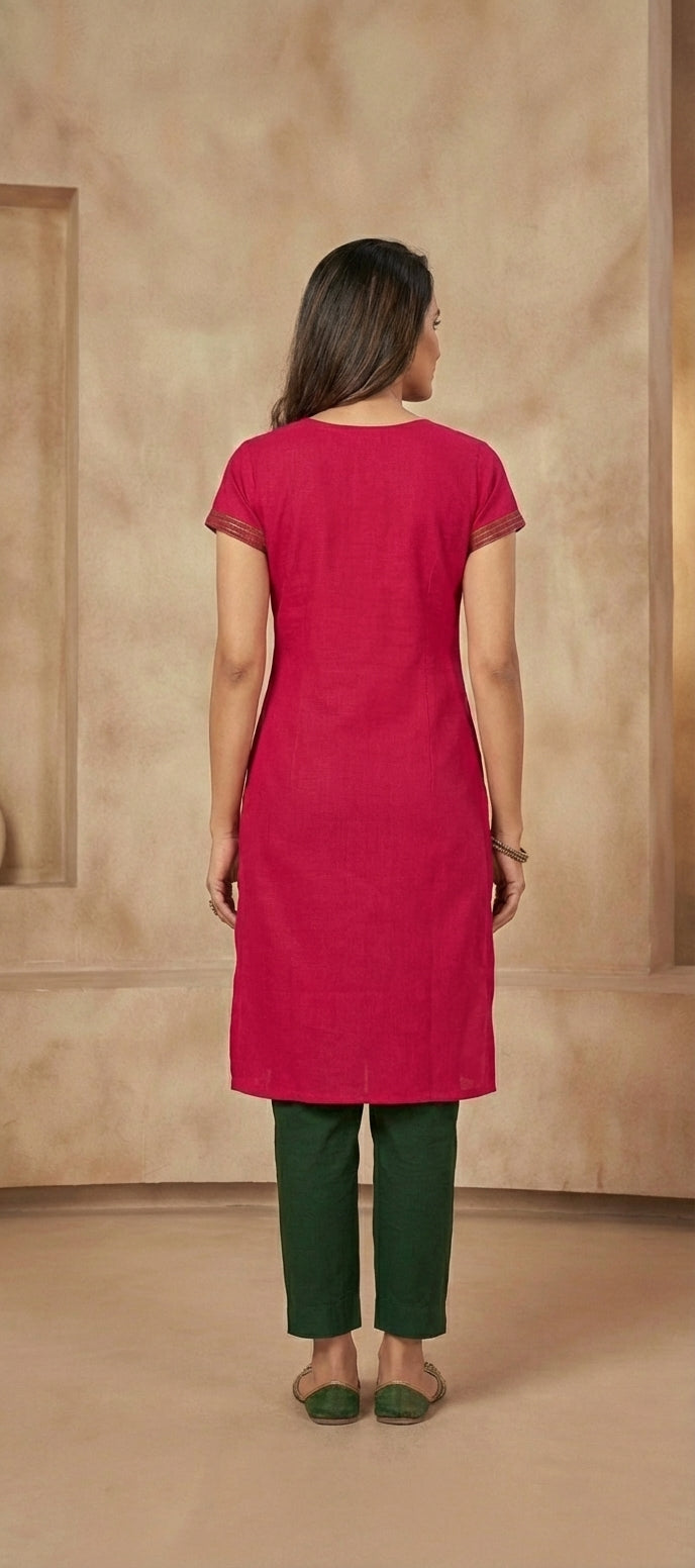 Soft Cotton Thread Embroidery Long Kurti -RANI PINK
