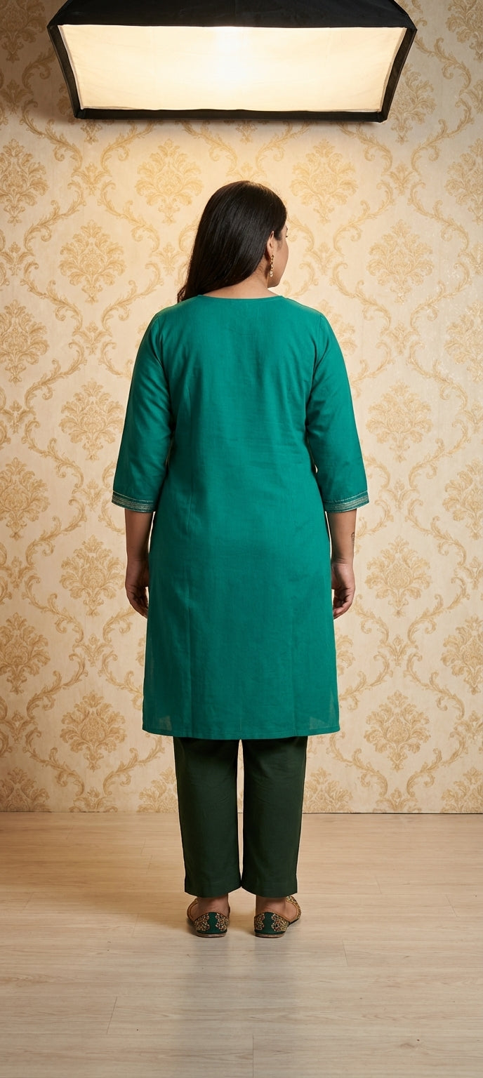 Graceful Thread Embroidered Ethnic Long Kurti -C GREEN