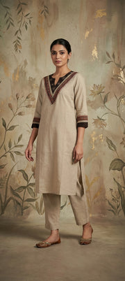 Ethnic Cotton Kurti Pant Set with Mirror Neck Work- CREAM