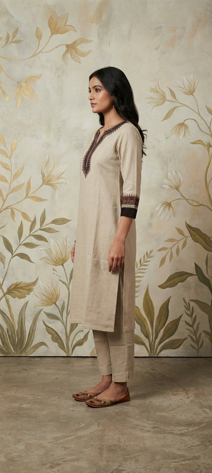 Ethnic Cotton Kurti Pant Set with Mirror Neck Work- CREAM