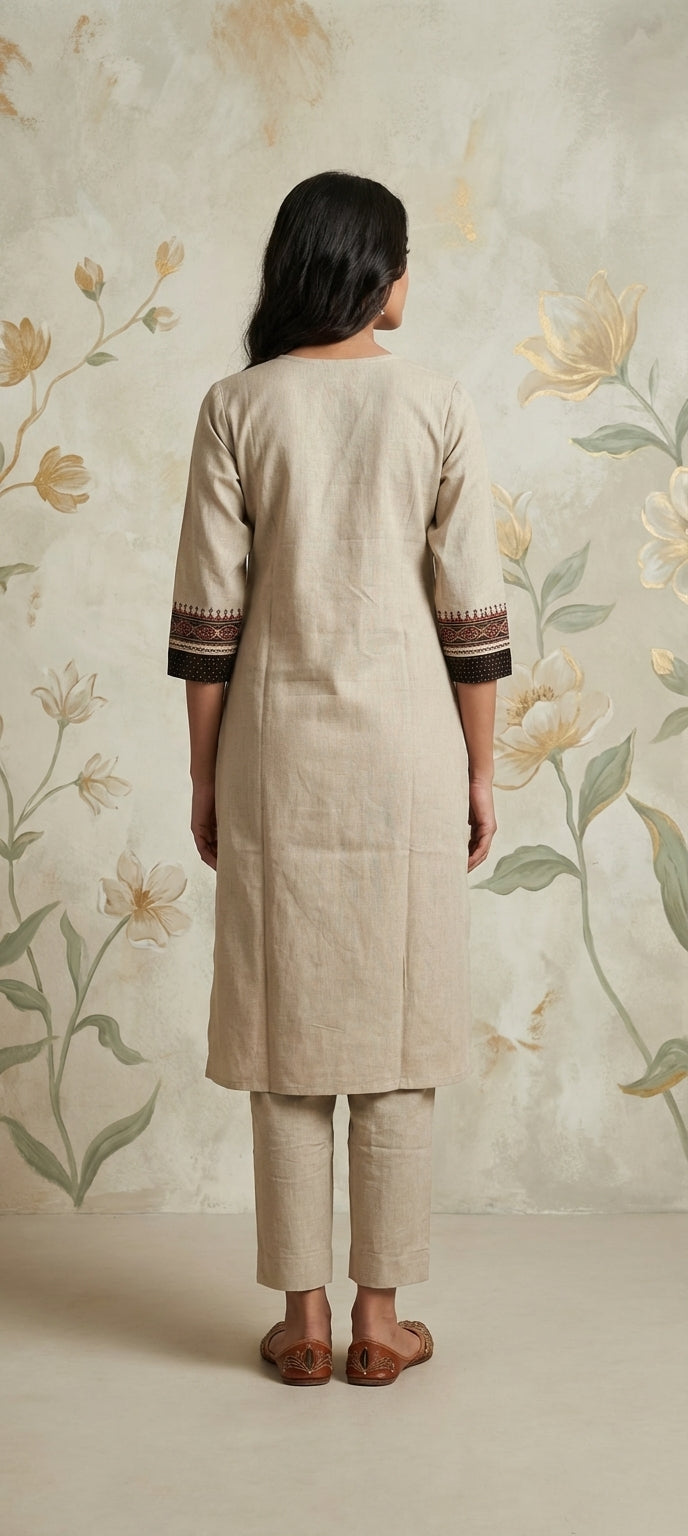 Ethnic Cotton Kurti Pant Set with Mirror Neck Work- CREAM