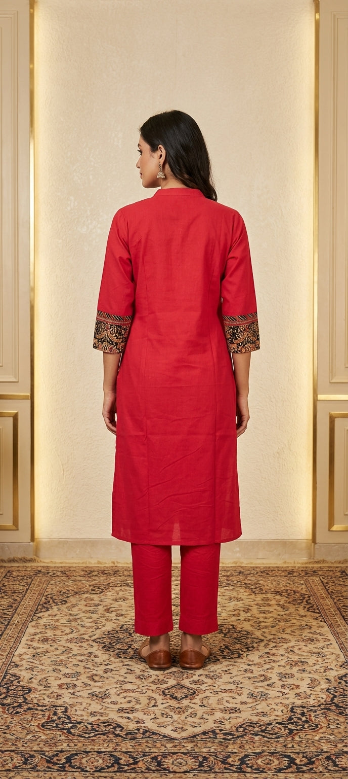 Elegant Kalamkari Neck Work Embroidered Long Kurti Pant Set -RED