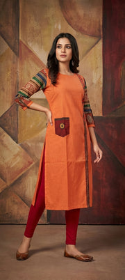 Designer Embroidered Mirror Work Long Kurti with Pocket -Orange