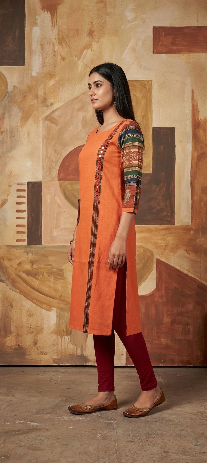 Designer Embroidered Mirror Work Long Kurti with Pocket -Orange