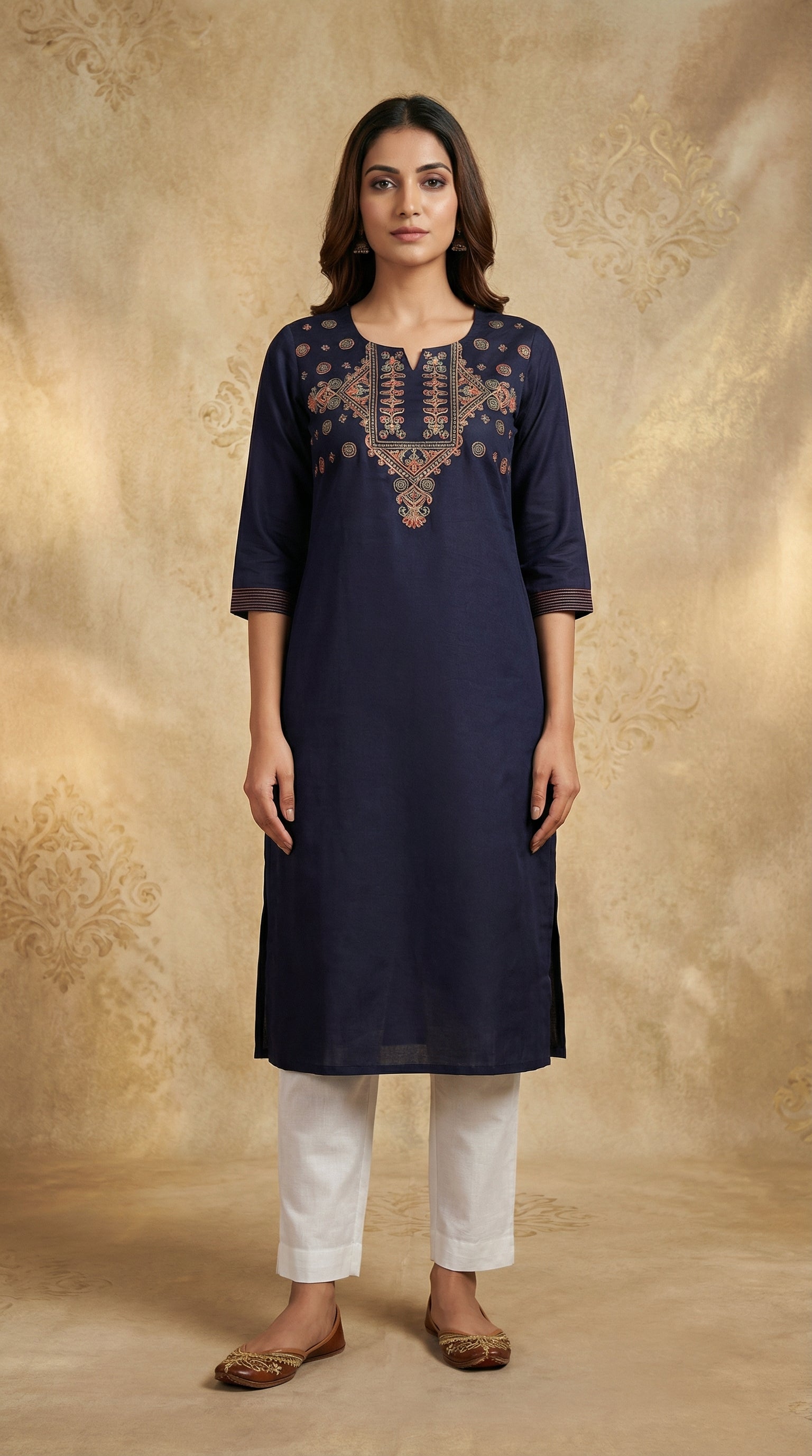Graceful Gaji Silk Navy Blue Straight Cut Kurti with Thread Embroidery Work